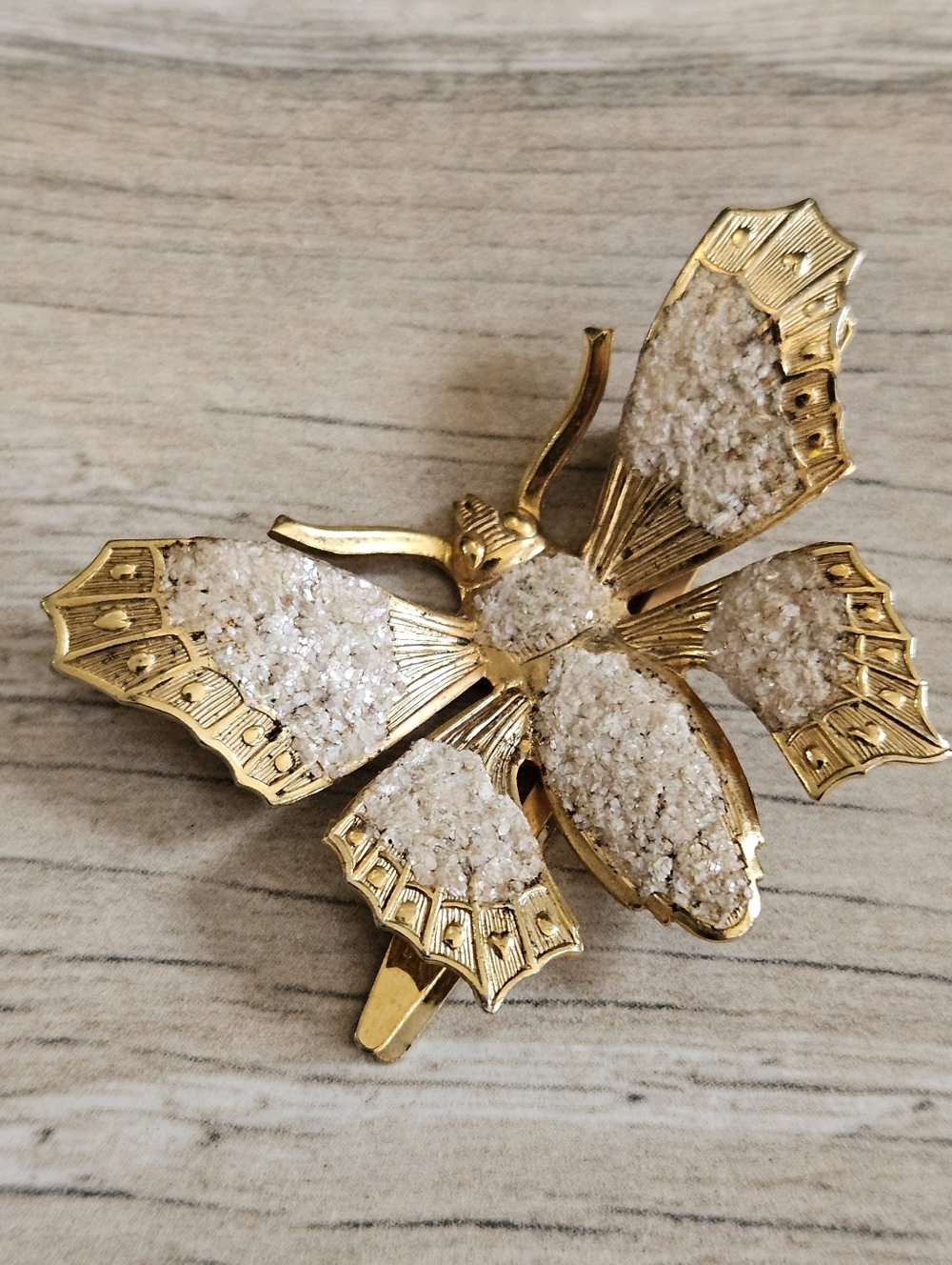 Vintage Japan Butterfly Hair Clip Gold-tone Glitter Textured Wings